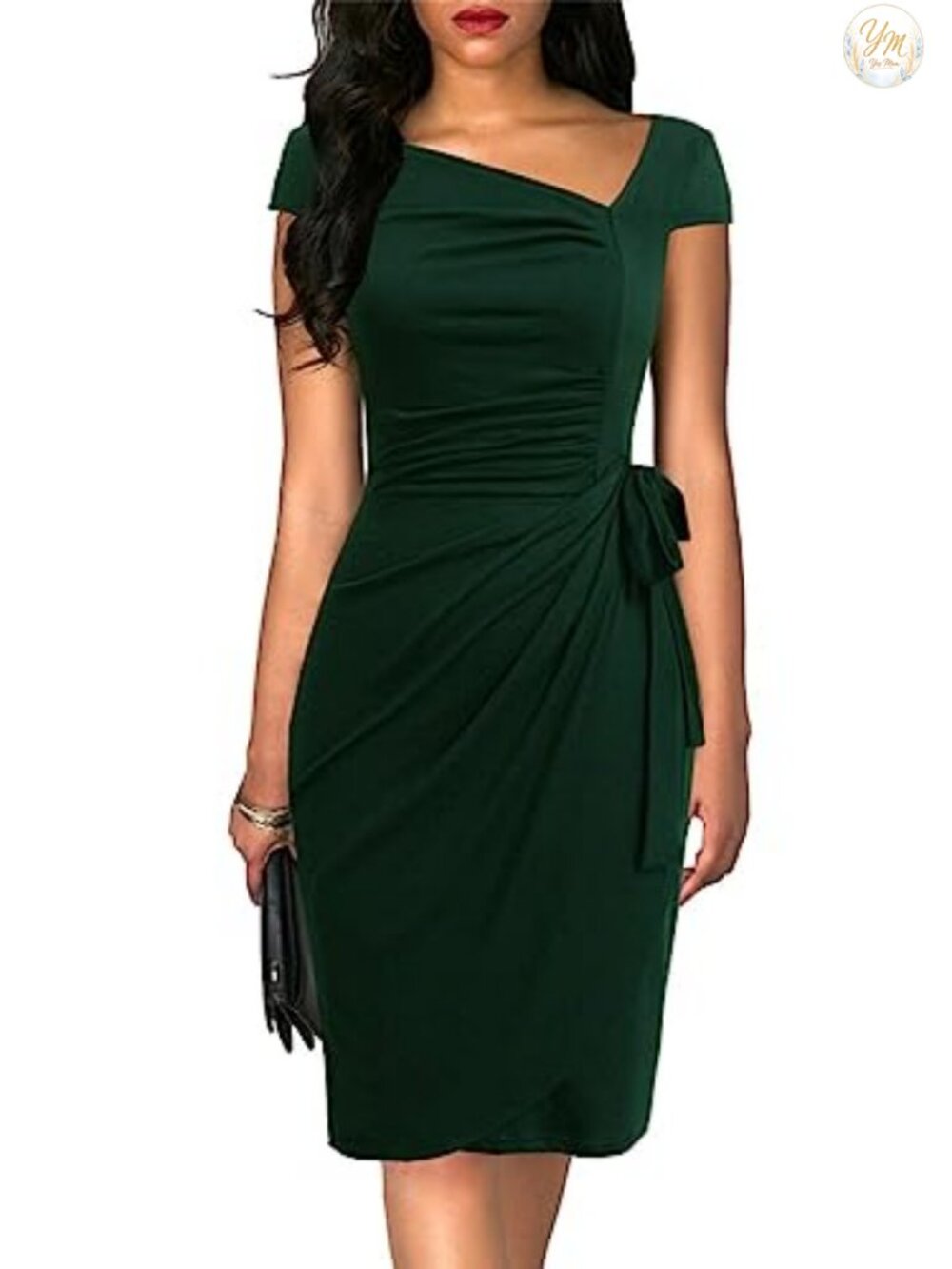 Vintage Cap Sleeve Asymmetrical Neck Sheath Bodycon Faux Wrap Pencil Dress